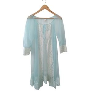Vintage Baby Blue Sheer Lace Trim‎ Chiffon Lingerie Robe Kimono Medium
